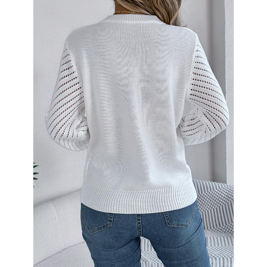 GMXIA Autumn and Winter Casual Solid Color Round-neck Hollowed-out Lantern Sleeve Pullover Sweater Women's Wear