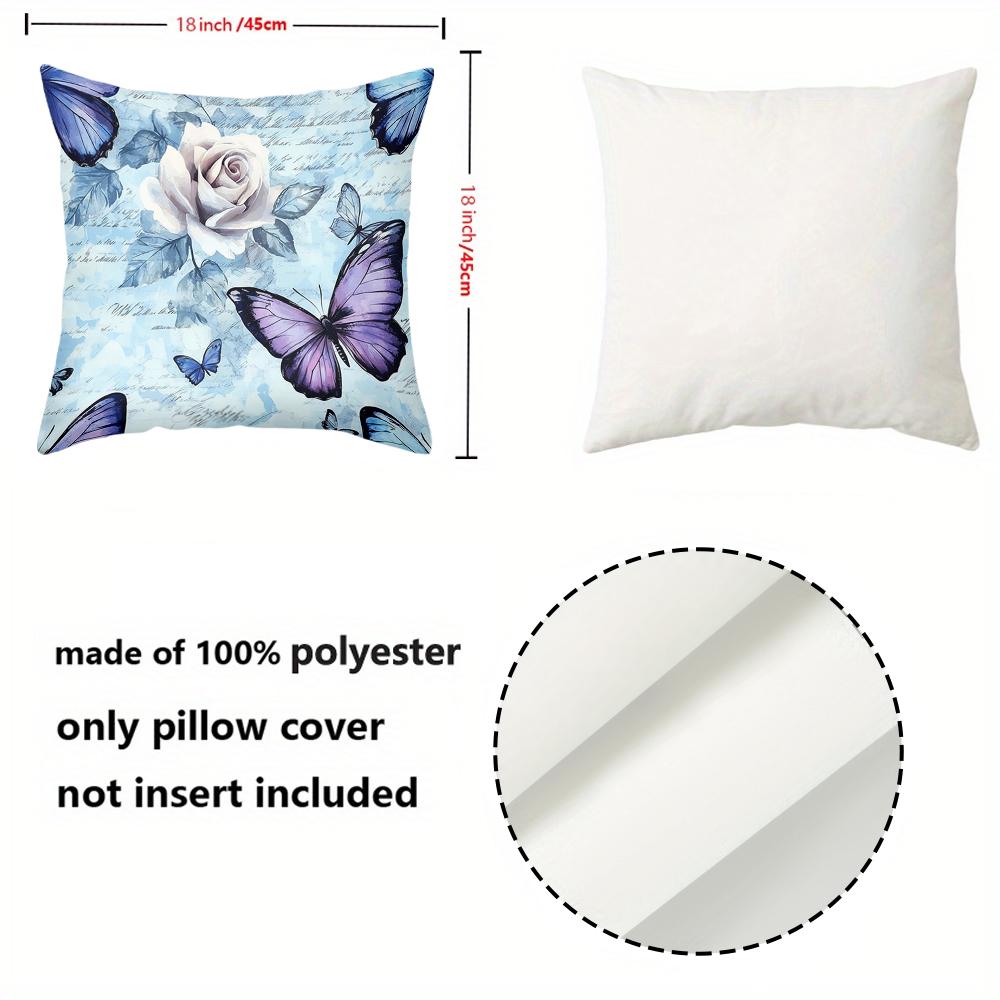 2D Flat Printing Blue Butterfly and Rose Pattern Decorative Cushions Polyester Pillowcase, Sofa Decorative Cushion Cov