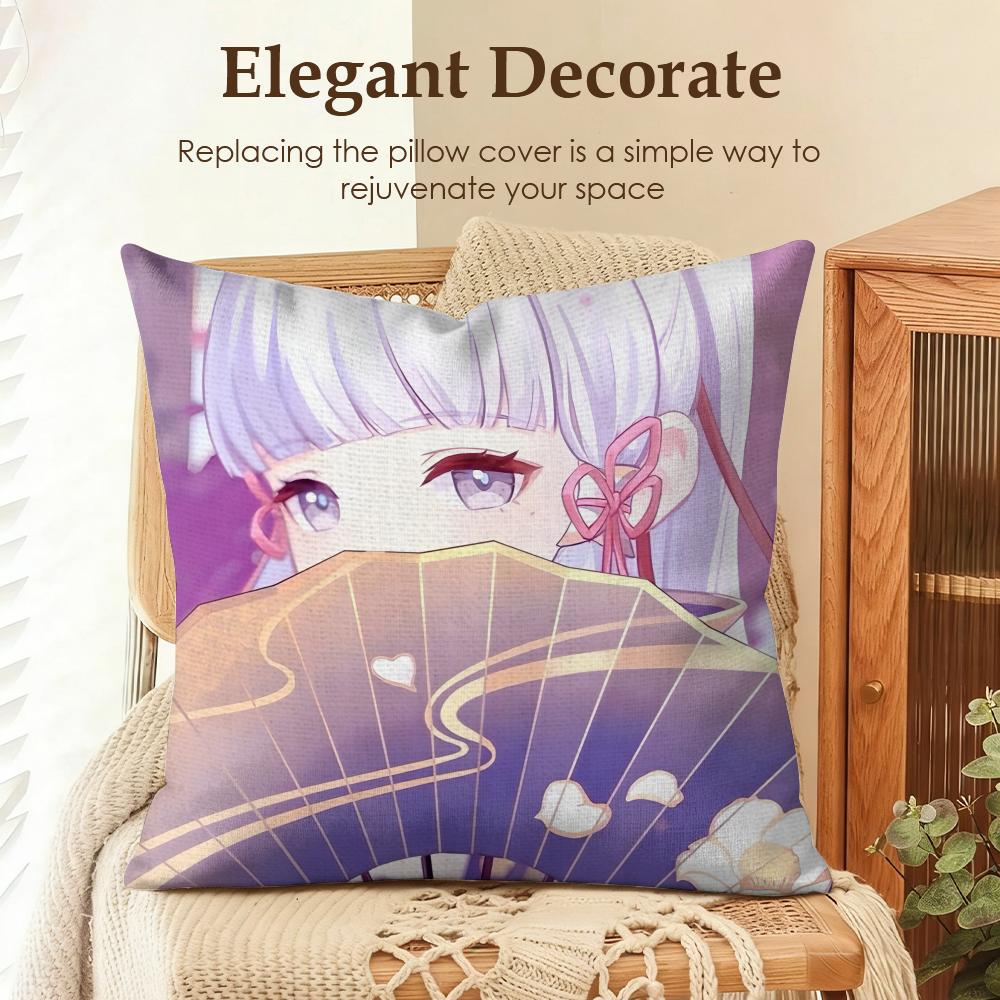 Kamizato Ayaka Genshin Impact Cushion Cover Natural Linen Organic Fabric DoubleSided Printing Sofa Home Decor Gift Pillow Case