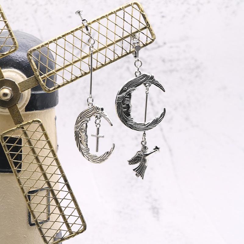 Wind Stud Earrings Gothic Punk Trendy Retro Moon Angel Cross Combination Pierless Ear Clips Stud Earrings