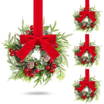 Christmas Mini Cabinet Wreaths Artificial Norfolk Pine Wreath with Ribbon Bows Red Berry Pinecones