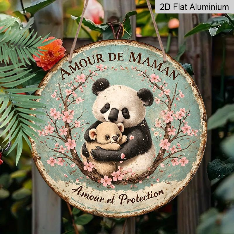 2D Flat, 1pc Round Aluminum Hanging Sign - "Amour De Maman" French Quote Panda & Baby Bear Metal Wall Art, Vintage Cherry Blossom Design-Maternal