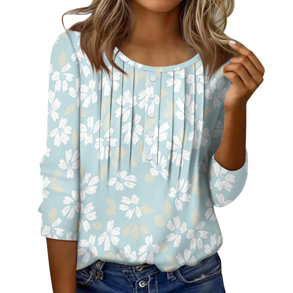Women's Round Neck Pull Stripe Decorative Button Top Casual Solid Color 3/4 Sleeve T Shirt