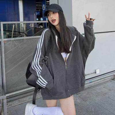 Casualowa bluza z kapturem na zamek damska bluza jesień Harajuku luźna strona w paski Patchwork z długim rękawem obszerna bluza z kapturem szkolny szary sweter