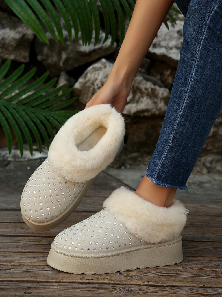 Faux Fur Winter Boots Women 2025 Fashion Sequined Cloth Warm Snow Boots Woman Non-Slip Thicken Plush Ankle Booties Plus Size 43