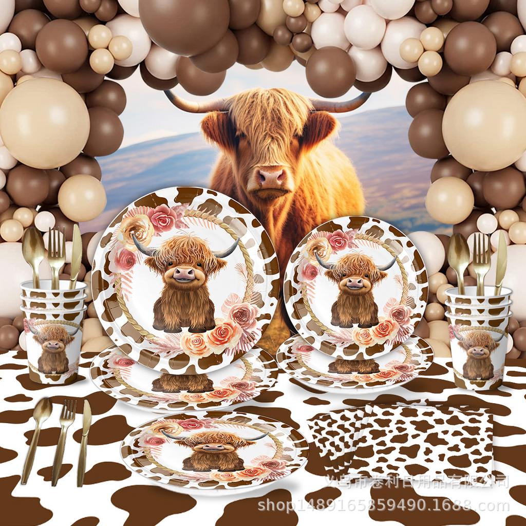 Highland Cow Themed Birthday Party Supplies Cute Cow Head Tissue Paper Plate Paper Cup Animal Disposable Tableware Gifts