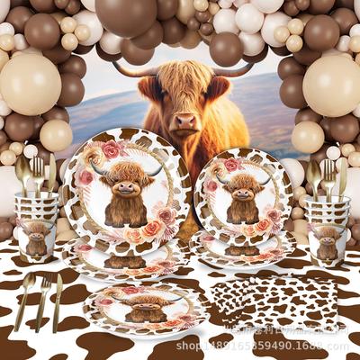 Hochlandrind-Motto Geburtstagsparty Zubehör Niedlicher Kuhkopf Seidenpapier Teller Pappbecher Tier Einweggeschirr Geschenke