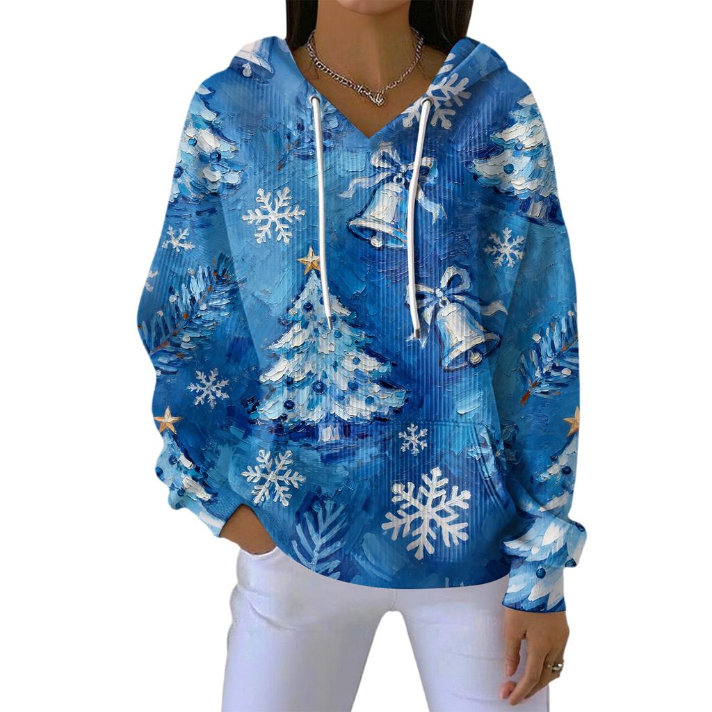 Women's Loose Comfortable Casual Fashion V-Neck Christmas Print Long Sleeve Hoodie