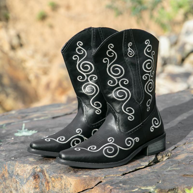 Fashion Boots Men PU Black Brown Hand Embroidered Western Cowboy Boots European and American Ethnic Style Chelsea Boots Size 38-46