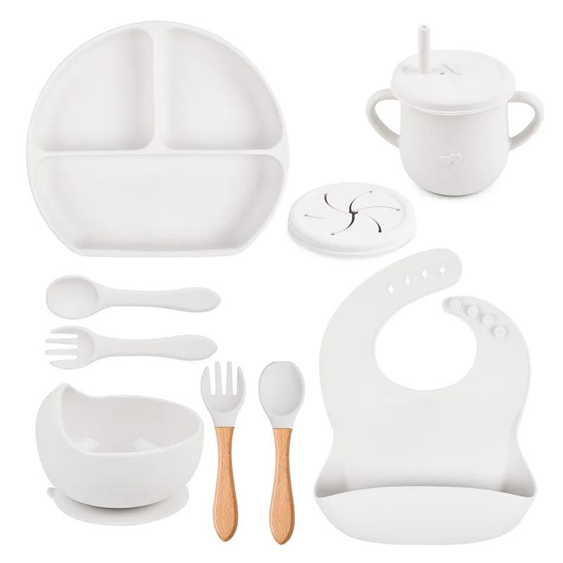 9Pcs Baby Tableware Set Food Grade Silicone Baby Dishes for Children's Cute Print Bib Bowl Non-Slip Plates with Sucker BPAFREE