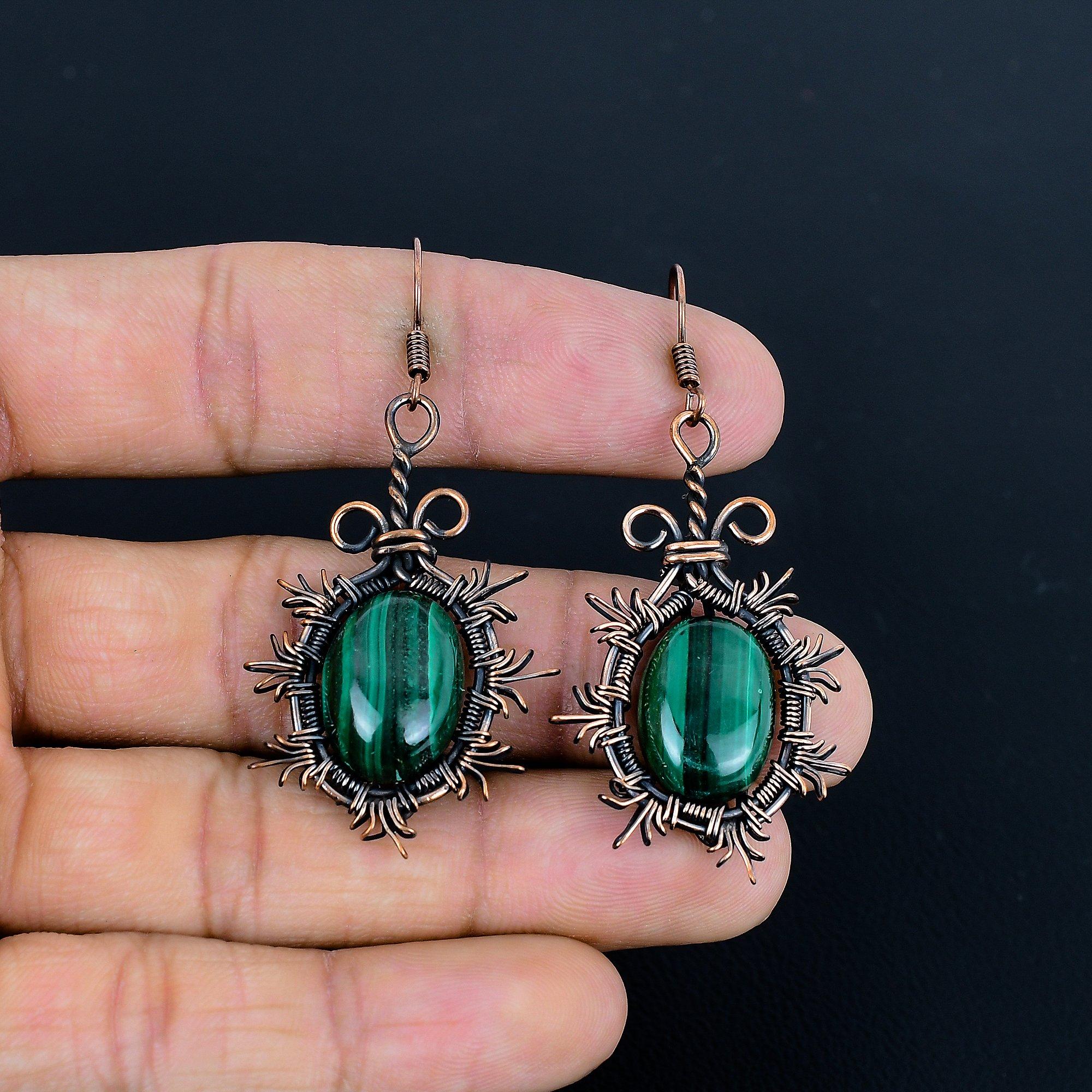 

Серьги из малахита, украшения из меди 999 пробы с проволочной оплеткой, подарок для женщин, серьги ручной работы, украшения с драгоценными камнями 2.36 Inches