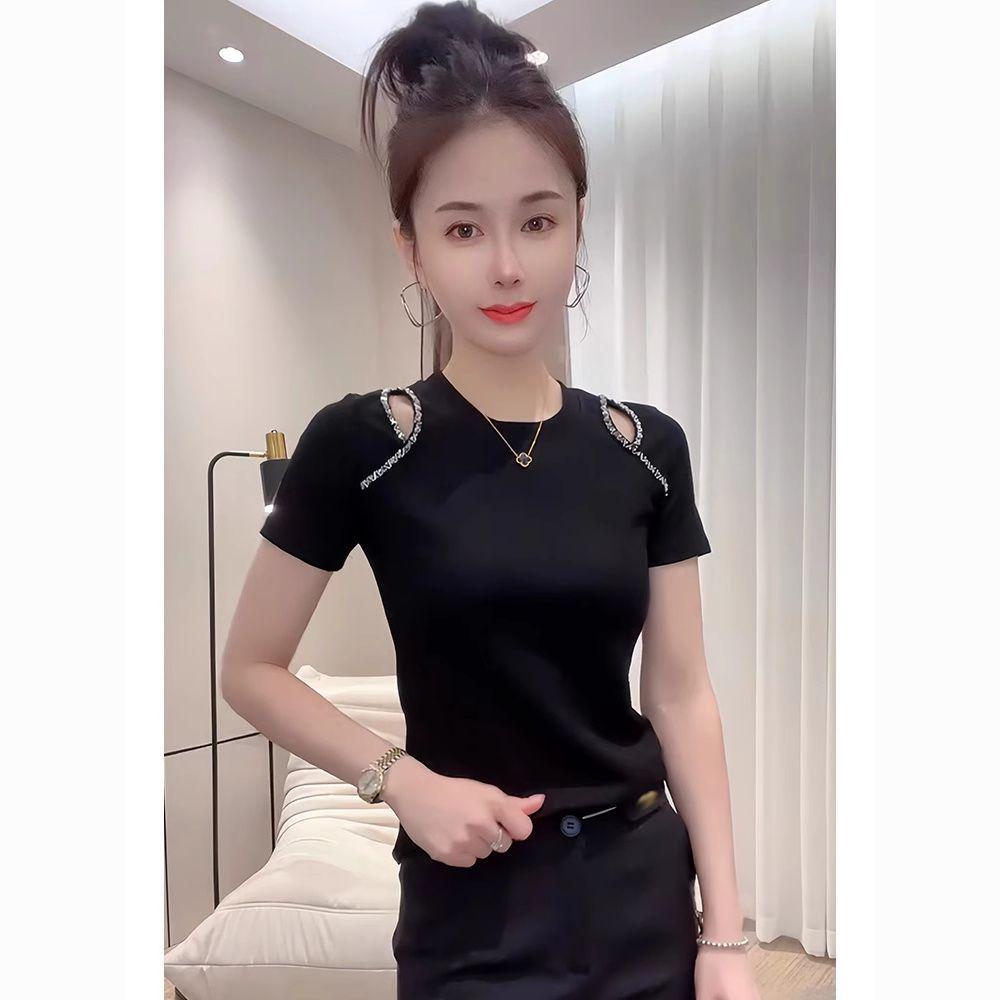 

Европейская футболка с открытыми плечами и рукавами средней длины прилегающего силуэта, весна/лето 2025 – женский топ высокой моды XL (recommended 50-55 kg) чёрный