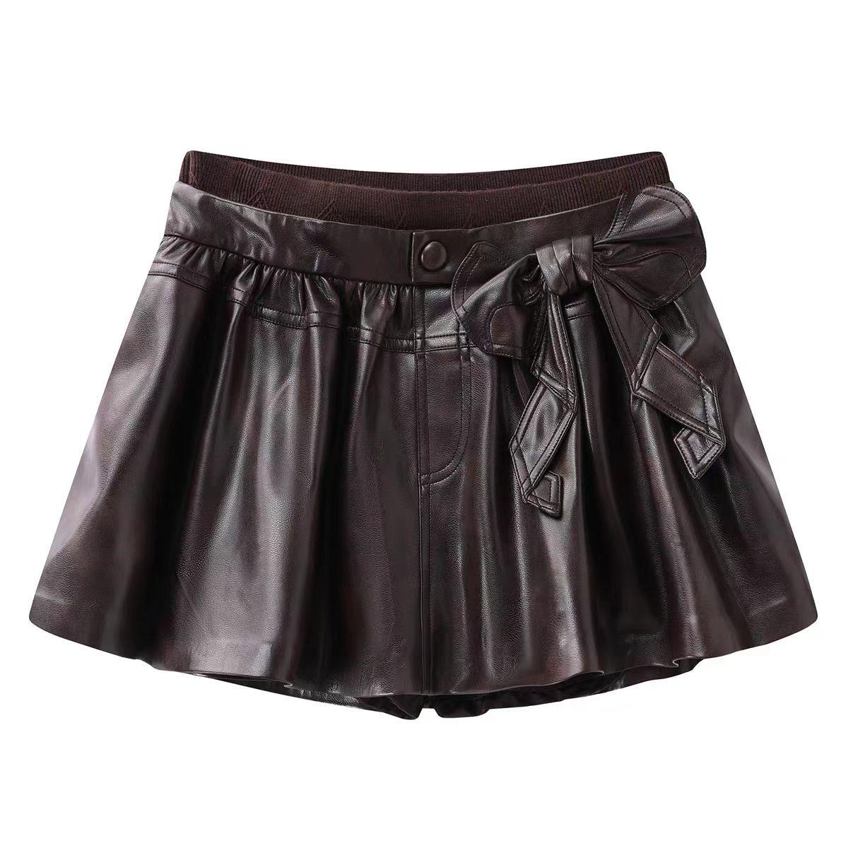 

2025 Winter Women s Sweet Patchwork Bow PU Leather Skirt Large кофейный