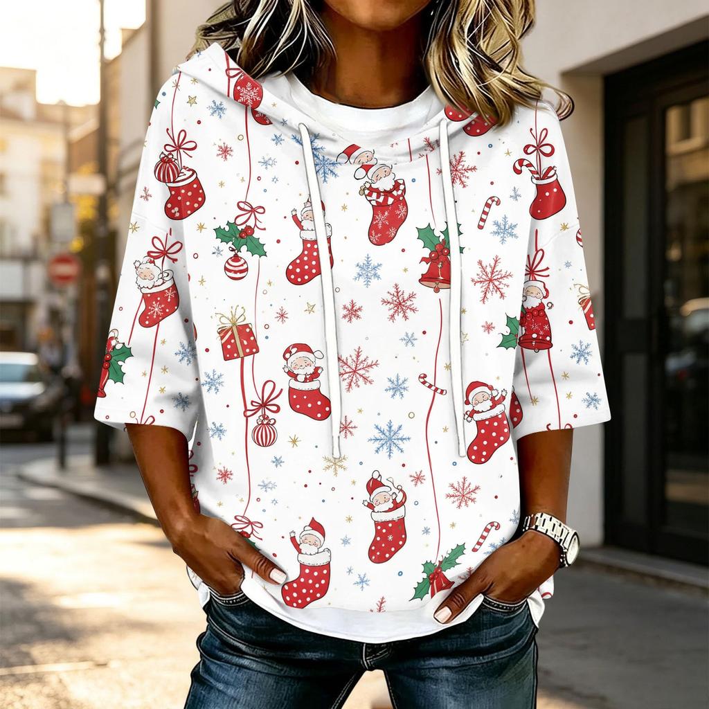 Women's Casual 3/4 Sleeve Hooded Christmas T-Shirt for Holiday Parties and Everyday Wear