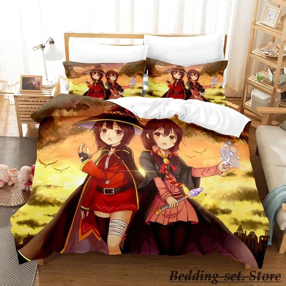 KonoSuba Bedding Set Cartoon Anime Three-piece Set Adult Kid Bedroom Duvetcover Sets 3D Kawaii Girls Lit 2 Personnes