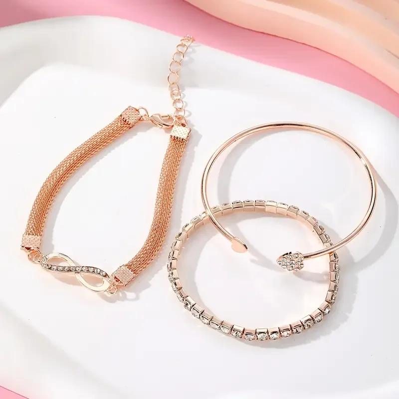 3Pcs Set Vintage Crystal Rhinestone Heart Bracelets for Women  Geometric Adjustable Infinity Cuff Bangle Jewelry Gift