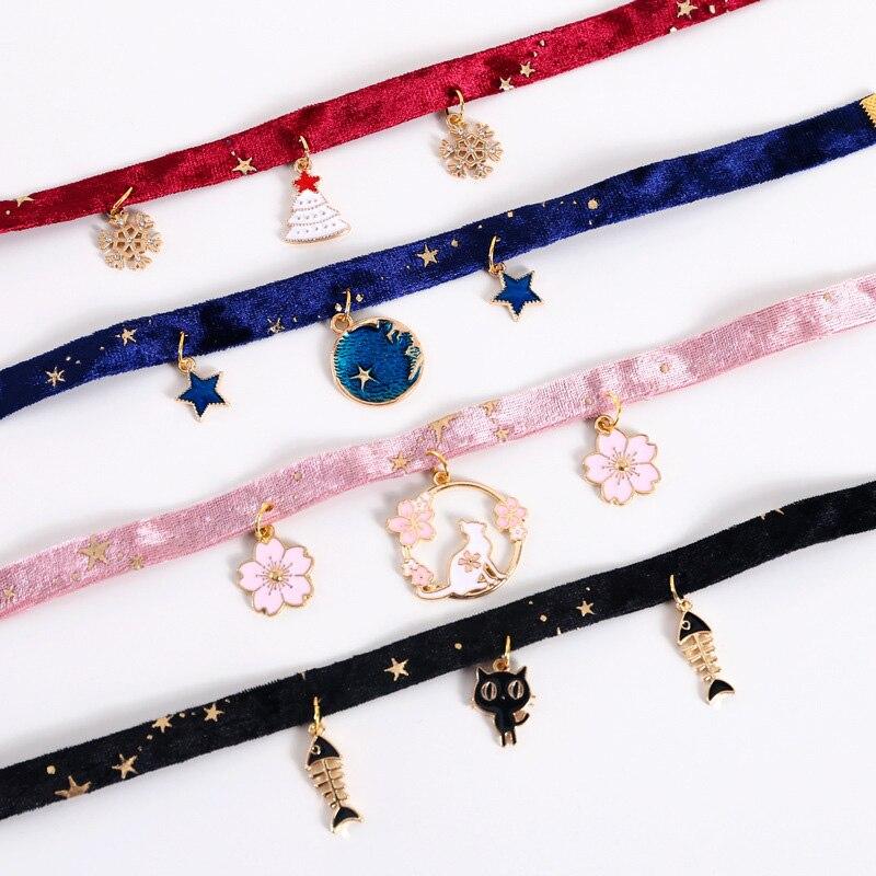 Velvet Bronzing Adjustable Cat Necklace Pet Fishbone/Snowflake /Starry Sky Collar for Puppy Exquisite Decoration Pet Accessories