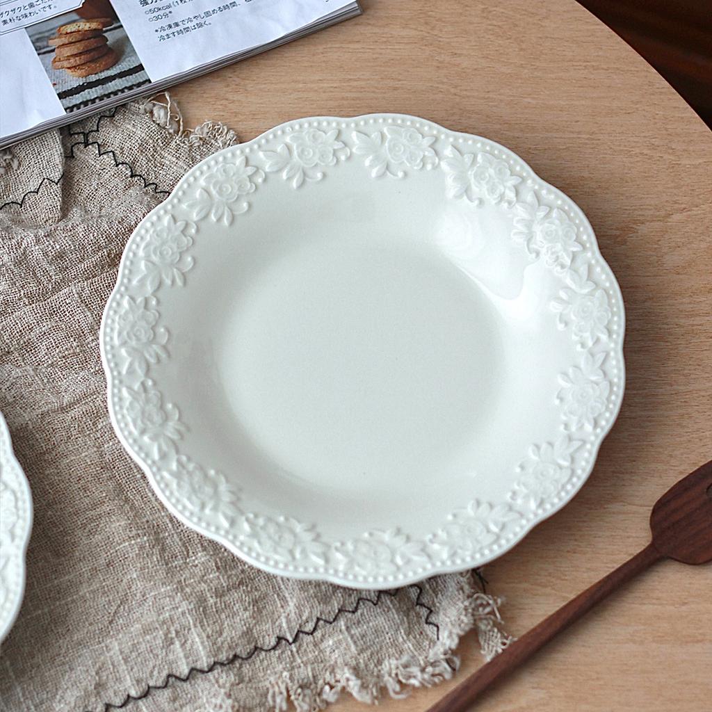 French Style Vintage Ceramic Plates 7.7 Inch Underglazed Colour Aesthetic Dinner Dish White Floral Pattern Relief Tableware