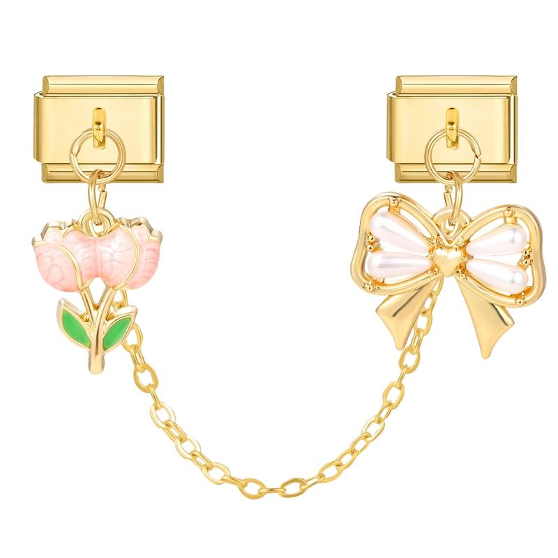 Gold Color Cute Cat Paw Pearls Bow Knot Rose Chain Tassel Italian Charm Links Fit 9mm Bracelet Stainless Steel Women DIY Making