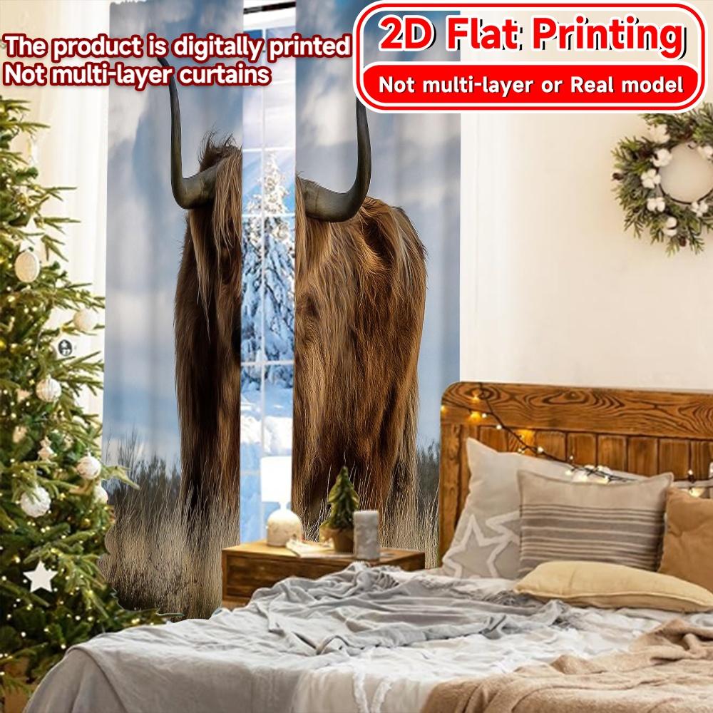 2pcs   2D FLAT PRINTING Curtains (Without Rod) Highland Beast Christmas Festival Popular Curtains&Drapes Semi-Sheer Curtains Art
