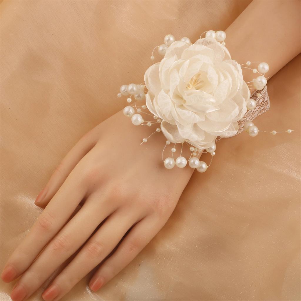 Organza Pearls Wrist Flower Decoration Wrist Corsage Lace Ribbon Wristband Jewelry For Bridal Shower Wedding Ceremony