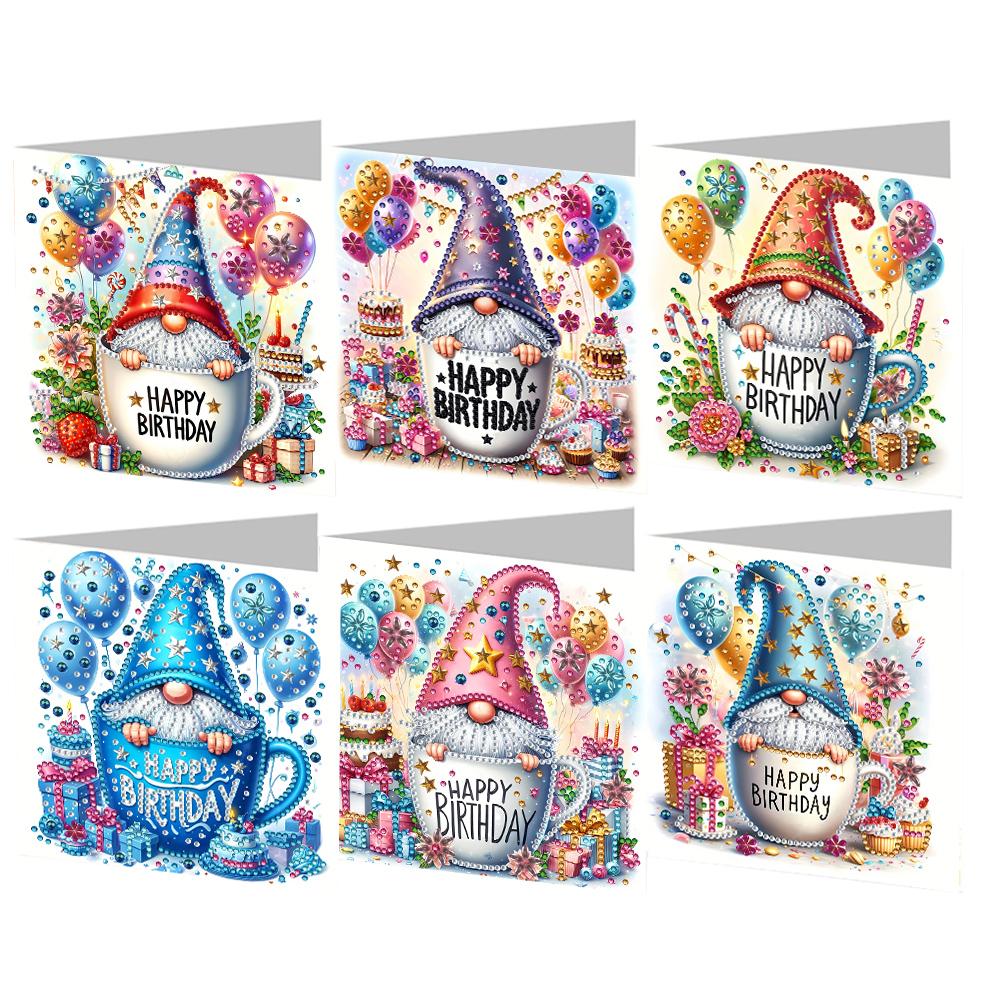 6Pcs Birthday Gnome DIY Diamond Painting Card Diamond Daily Wish Card Diamond Painting Greeting Card for Family Friends Gift