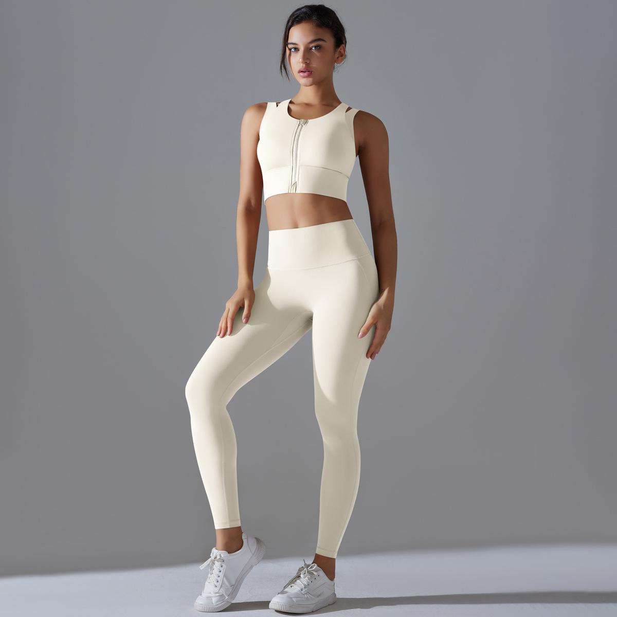 

High Waisted Quick Drying Nude Yoga Suit, Fashionable Zipper Bra, Sports Set, Outdoor Running And Fitness Two-Piece Set For Women XL