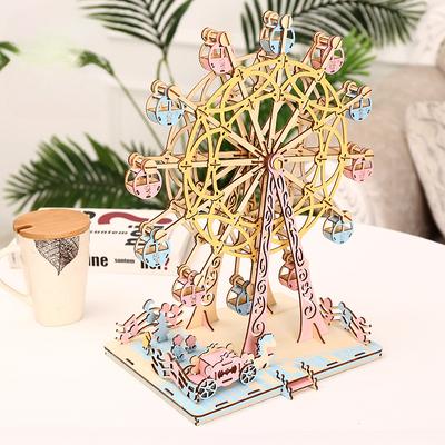 1Pc Children Girl DIY Handmade 3D Three-dimensional Puzzle Wooden Ferris Wheel Model Assembled Educational Toy Wooden