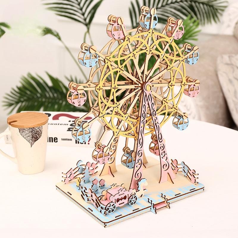 1Pc Children Girl DIY Handmade 3D Three-dimensional Puzzle Wooden Ferris Wheel Model Assembled Educational Toy Wooden