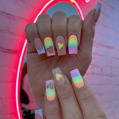 Summer Blue Green Butterfly Nail Art Square False Nails Love Design Fake Nails Fake Fingernails Full Cover Press On Nails 24Pcs
