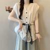 Plus-Size Korean Style V-Neck Buttoned Silk Scarf Sleeveless Women's Summer T-shirt - New Loose Slimming Design