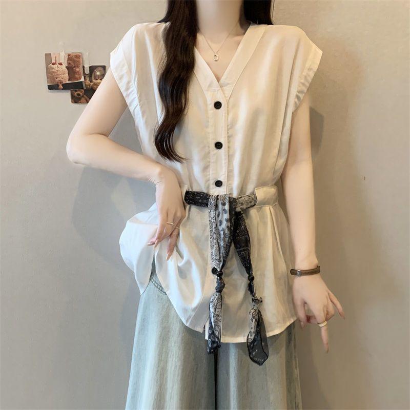 Plus-Size Korean Style V-Neck Buttoned Silk Scarf Sleeveless Women's Summer T-shirt - New Loose Slimming Design