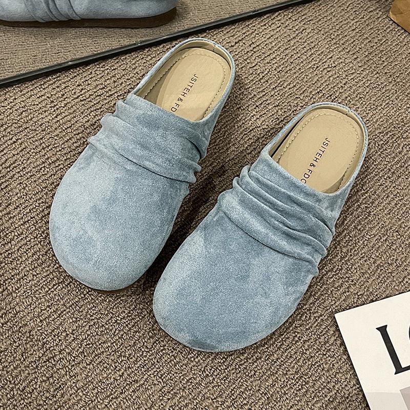 Fashion Aphixta Pleated Candy Color Flat Outside Woman Slippers Round Toe Low Heel Suede Slip On Half Slide Spring Summer Woman Shoes