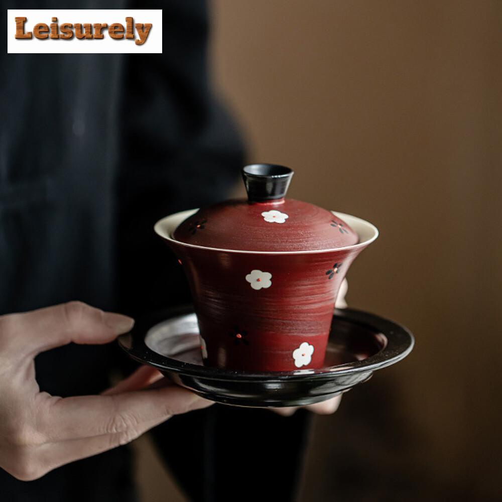 Elegant Pink Hawthorn Red Gaiwan Hand Painted Panda Cover Bowl 1 Bowl 2 Cups Tea Maker Portable Travel Colth Bag Kung Fu Tea Set