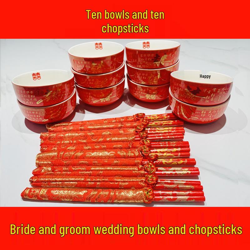 Festive Newlywed Ceramic Bowl & Chopstick Set: Happy Bowls & Red Soup Spoon for Wedding Banquet Tableware