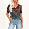 Women's Fashion Casual V, Neck Short Sleeve Print  Shirt Women's Up Tops