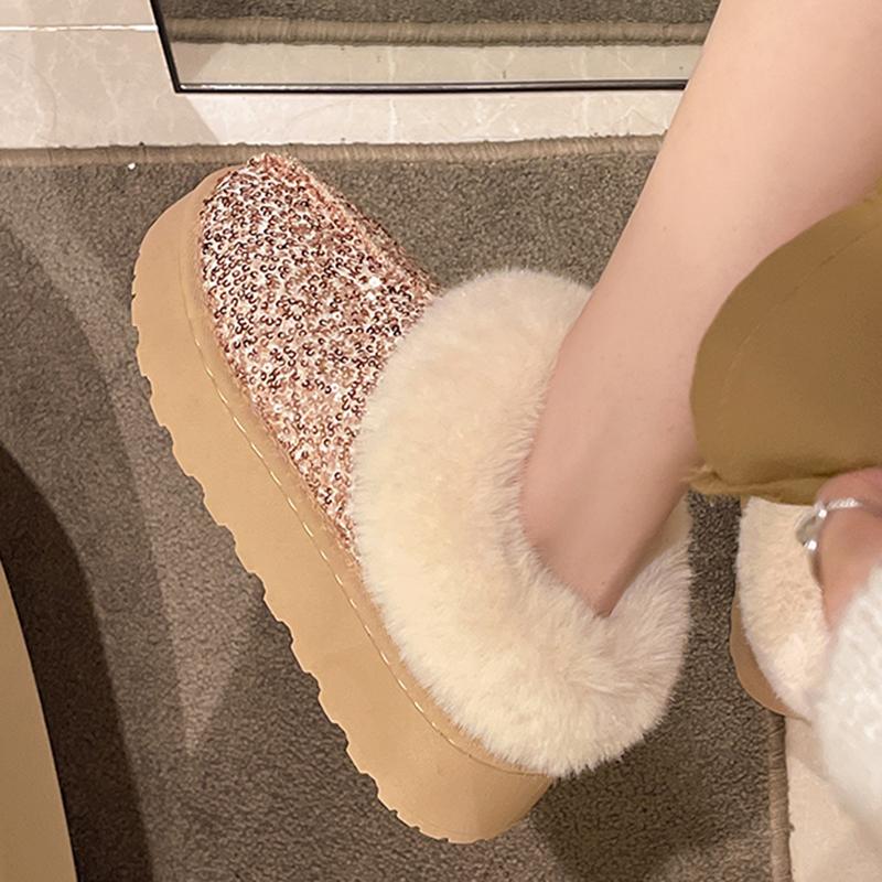 Fashion Gold Shiny Sequin Ankle Boots Women Faux Fur Comfort Thick Sole Non Slip Snow Boots Winter Plus Size Thicken Plush Cotton Boots