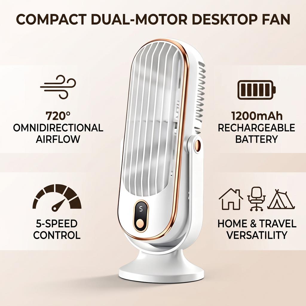 Desk Double Fan Double Motor 5 Speed 720 Degrees Surrounding Blow 1200mAh Portable Desktop Tower Fan for Travel