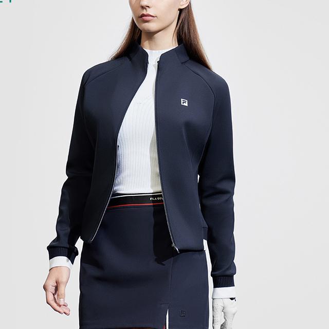 FILA Golf Series Retro Sports Stand Collar Letter Print Knitted Jacket Women Jacket Legendary-Blue A11W415503F-NV