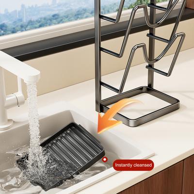 Suporte de Armazenamento para Tampas de Panela de Cozinha Suporte de Tampa de Panela de Aço Carbono Enquanto Cozinha Suporte de Tampa de Panela com Apoio para Colher Bandeja de Gotejamento Removível para Bancada Tampa de Panela