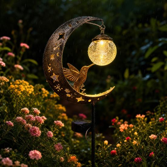 Solar Moon And Hummingbird Garden Light, Outdoor Cracked Glass Ball Stake Lamp for Yard, Waterproof Automatic LED Lighting for Patios Lawns