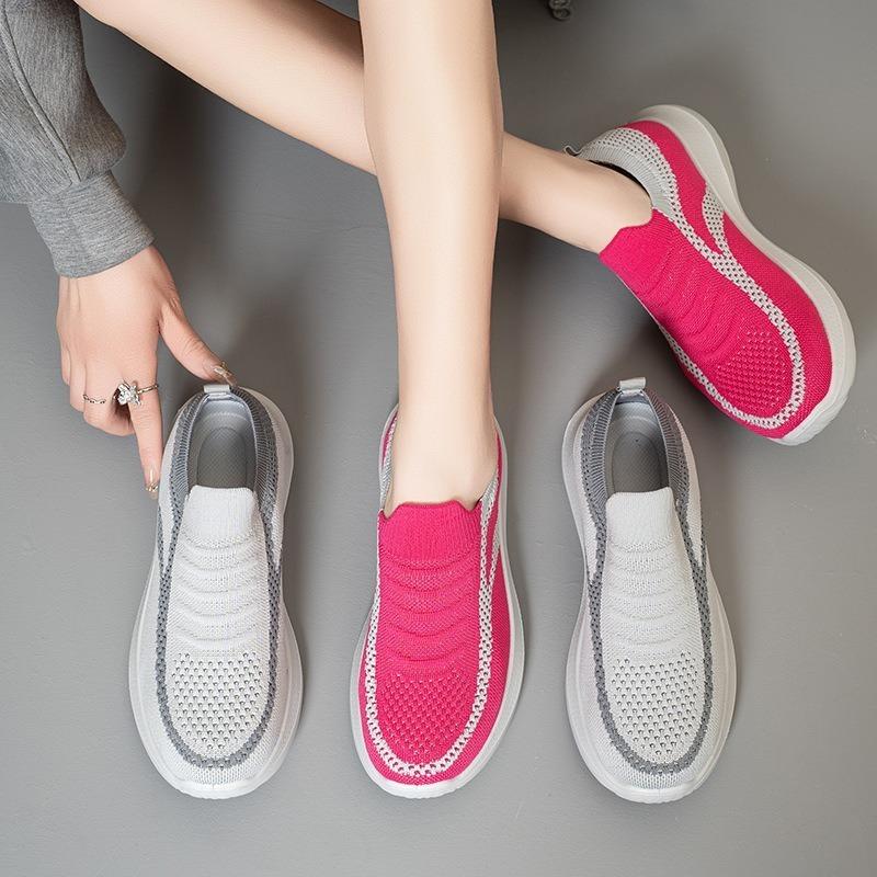 Atmungsaktive Mesh Sportschuhe Flachschuhe Damen Übergröße 41 Zum Hineinschlüpfen Gestrickte Plateau-Sneaker Damen Bequem Weiche Sohle Laufschuhe