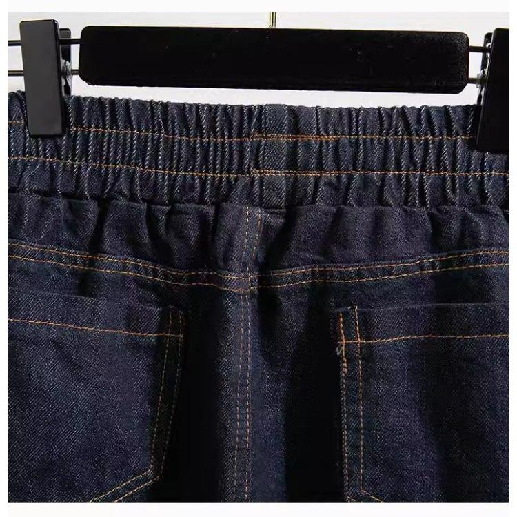 Retro Dark Blue Straight Leg Cropped Pants Jeans for Women Spring Elastic Waisted Wide Leg Pants
