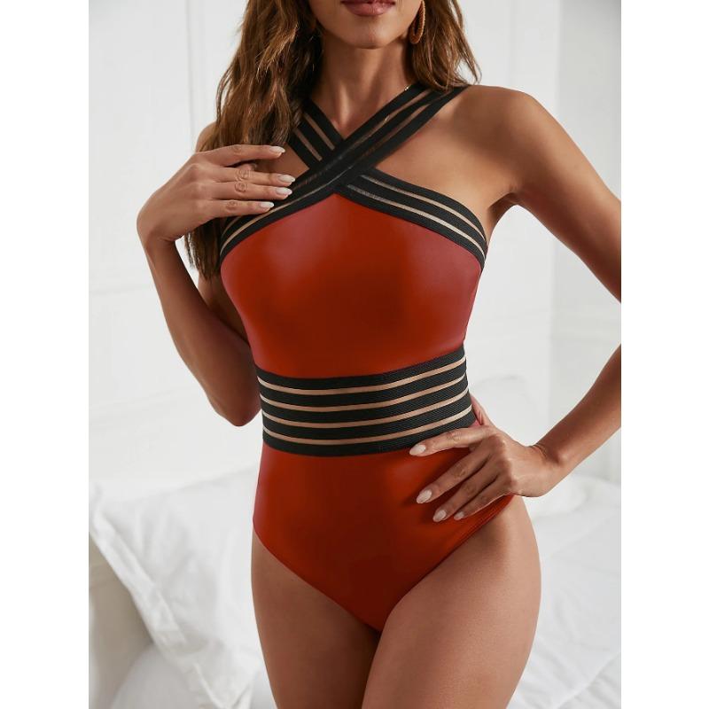 2025 Women One Piece Swimsuit Sexy  Mesh Splicing Swimwear Push Up Bathing Suits Solid Halter Female Beachwear Monokini Bodysuit