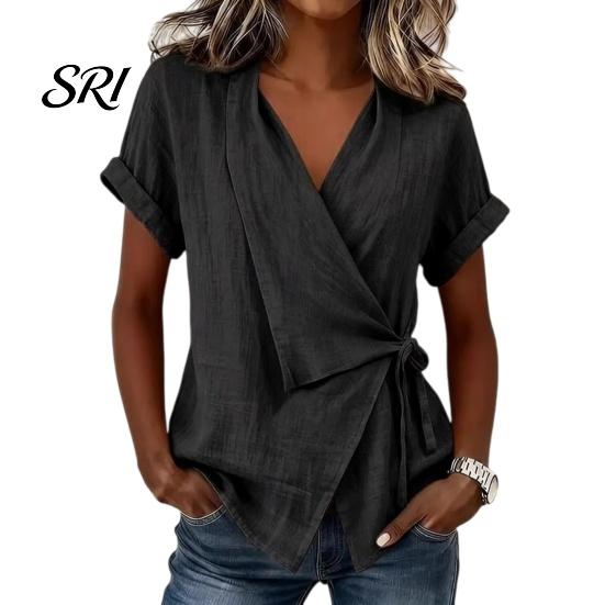 Seitenbindebluse Damen Oberteile V-Ausschnitt Kurzarm Einfarbige Bluse mit Sommer Unregelmäßiger Lockere Passform T-Shirt Tägliches Oberteil