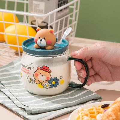 480ml Bear Cup Glass Mug with Lid and Spoon Stylish Couple's Water Drinking Mug for Home and Office Milk Glass Mugs for Work