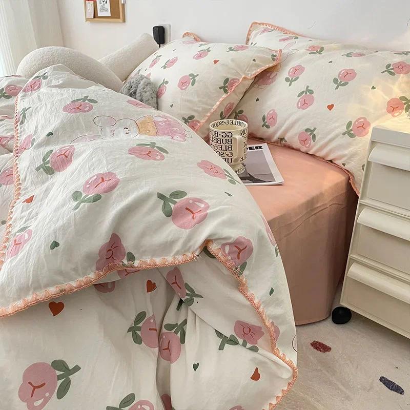 Bedding Set  Girls Cherry  Soft Washed Cotton Bed Sheet Queen King Size Duvet Set  Comforter Set Pillowcase Bed Linens