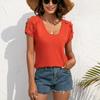 Women's Hollow-Out Lace Blouse, Deep Neck T-Shirt, Short Sleeve, Sexy Summer Top
