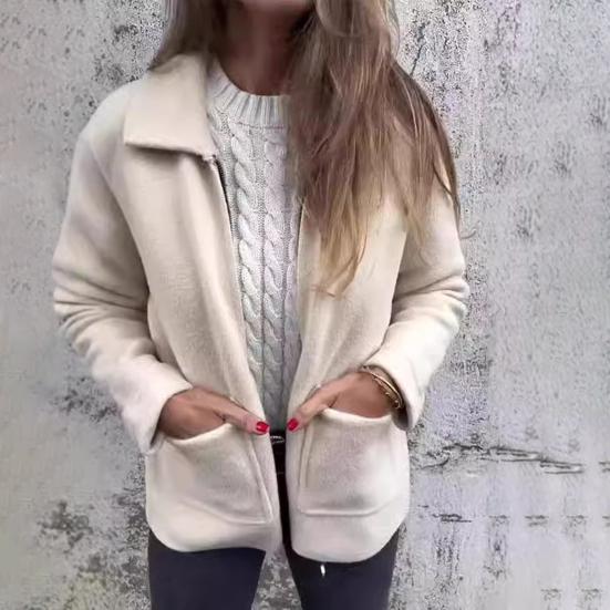 Women Jacket Turn-down Collar Pockets Solid Color Zipper Closure Loose Thermal Long Sleeved Commuting Dating Office