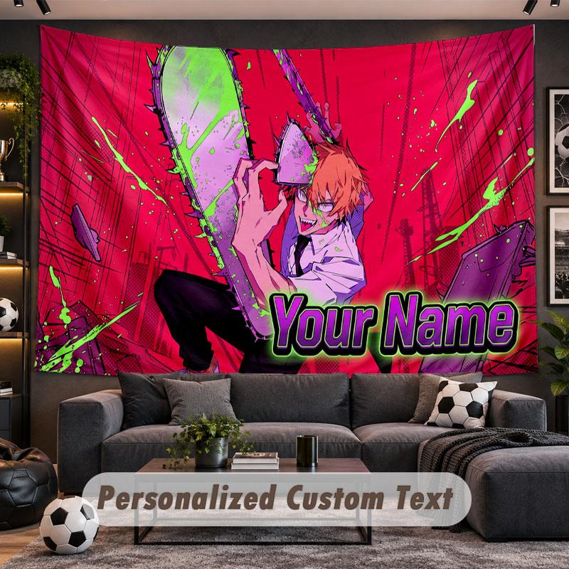Wall Hanging Tapestry Custom NameChainsaw Man Pattern Personalized Printed Fabric Wall Decor